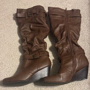 Brown Wedge Knee-High Boots